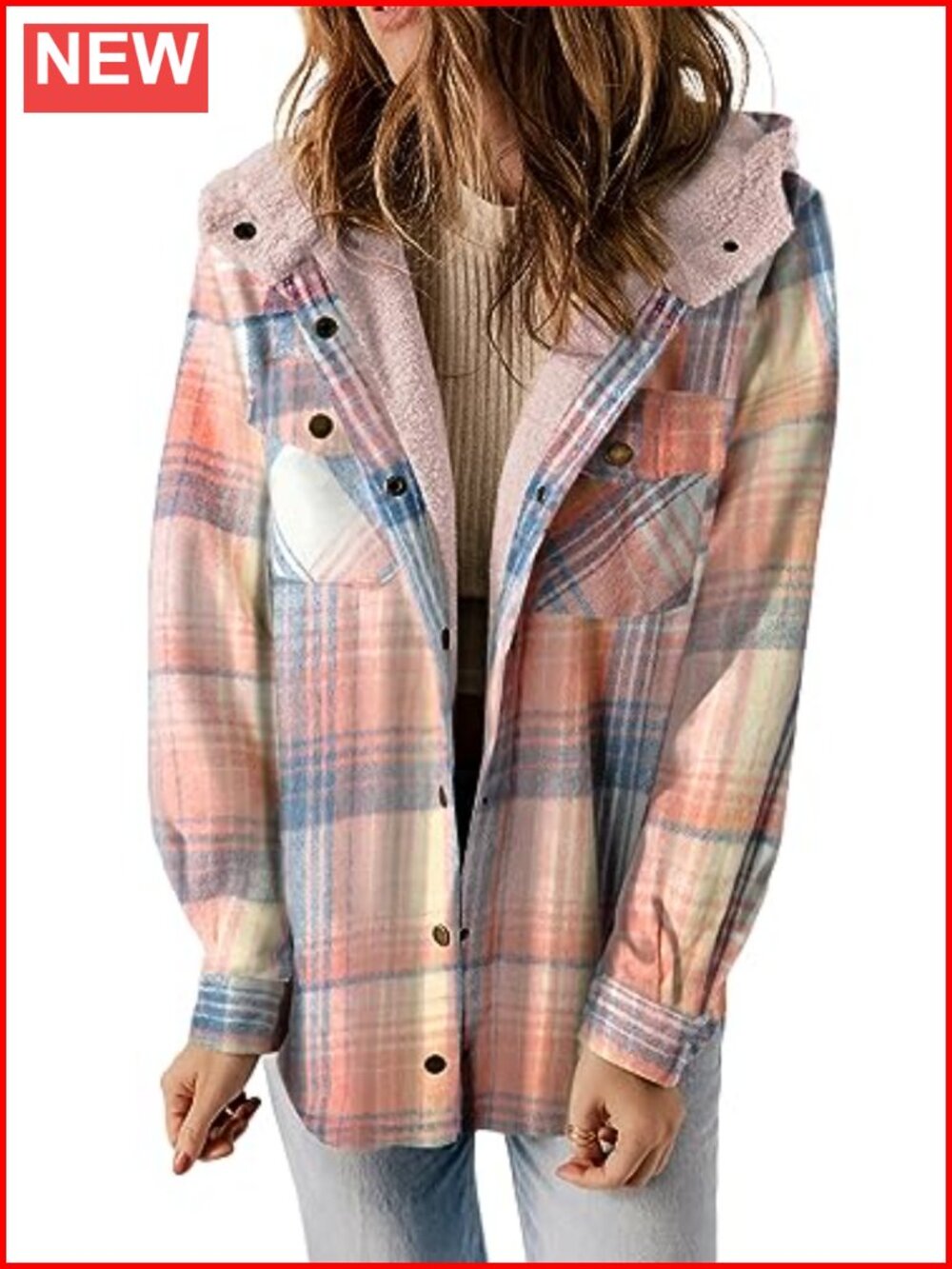Women's Plaid Fleece-Lined Hooded Shacket Jacket Long Sleeve Button